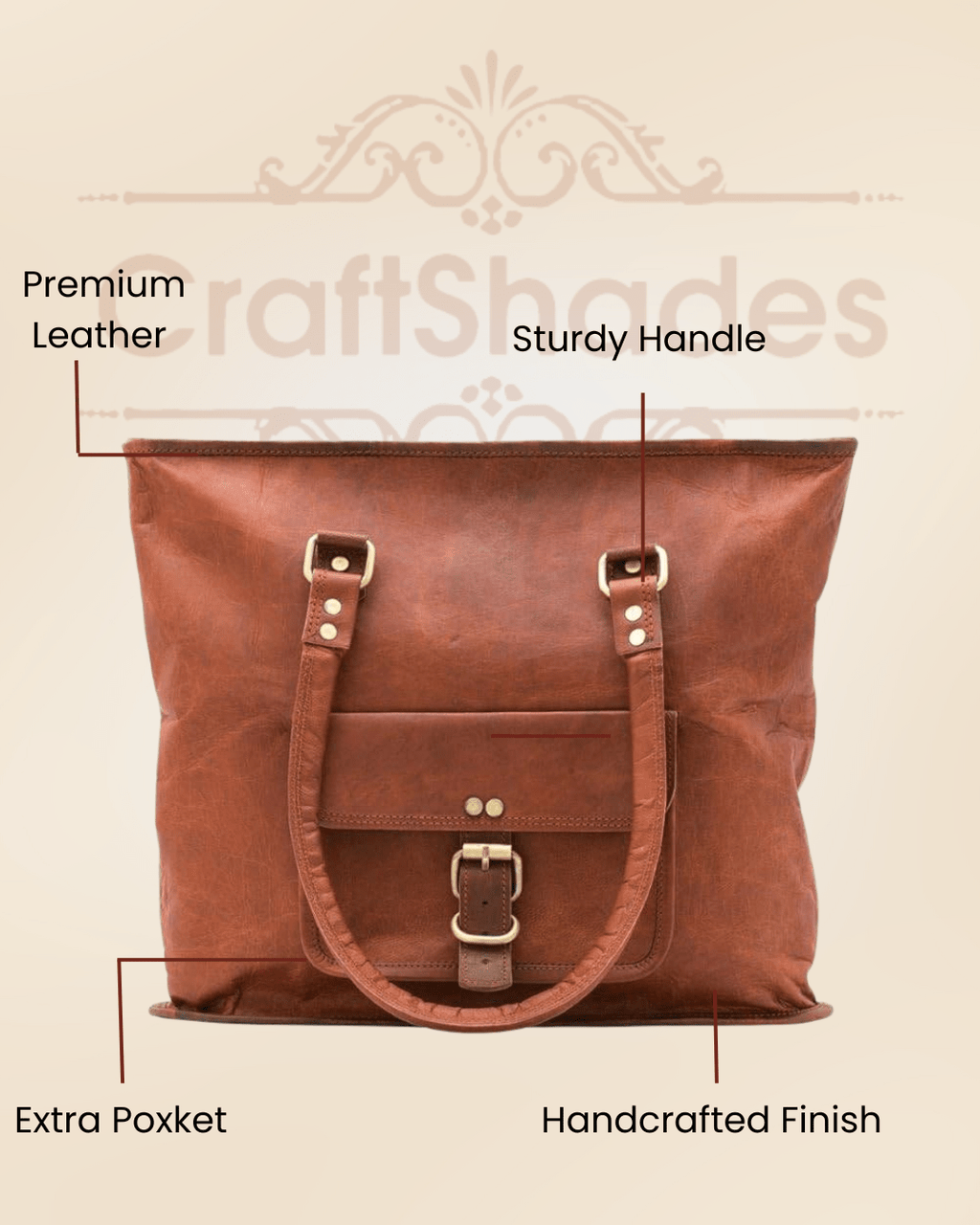 Craftshades – 13 inch Handcrafted Leather Women’s with pocket Tote Bag | 100% Genuine Leather