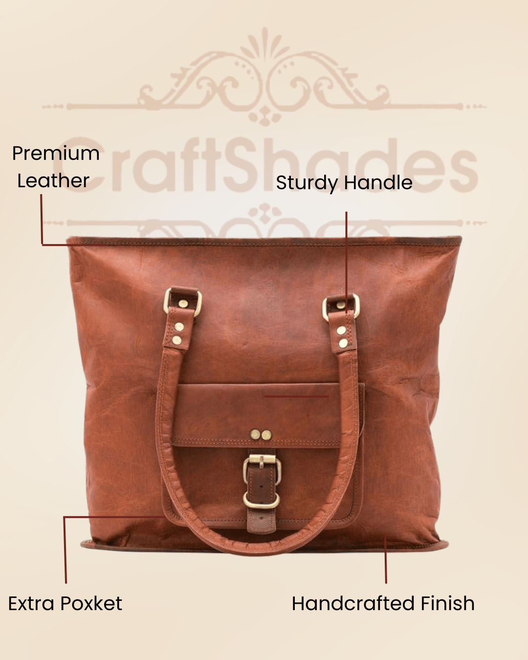 Craftshades – 13 inch Handcrafted Leather Women’s with pocket Tote Bag | 100% Genuine Leather
