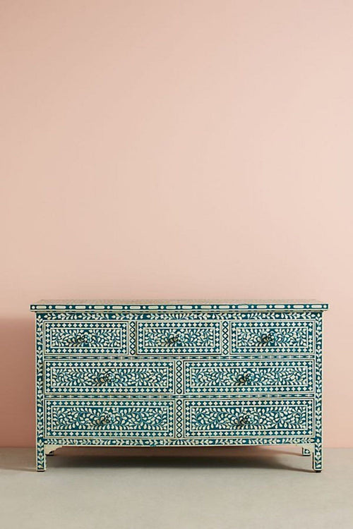 Bone Inlay Chest of 7 Drawers Floral Design in Teal Green Color