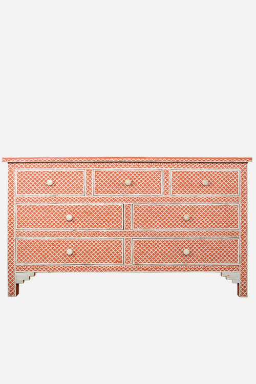 Bone Inlay Chest of 7 Drawers Fish Scale Design in Orange Color