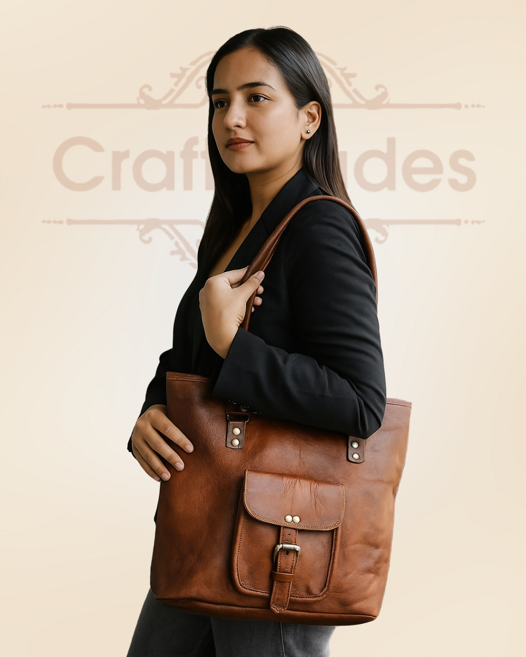 Craftshades – 16 inch Handcrafted Leather Women’s with pocket Tote Bag | 100% Genuine Leather