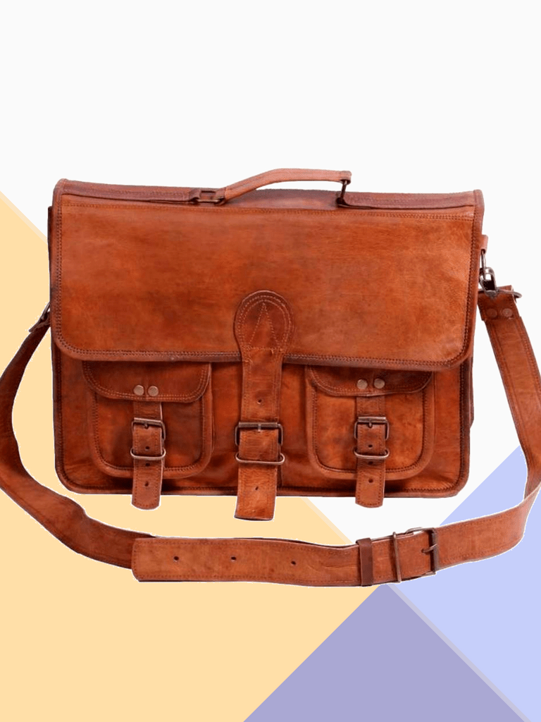 Craftshades – Vintage Double Pocket 18"13 Handcrafted Leather Laptop Bag | 100% Genuine Leather
