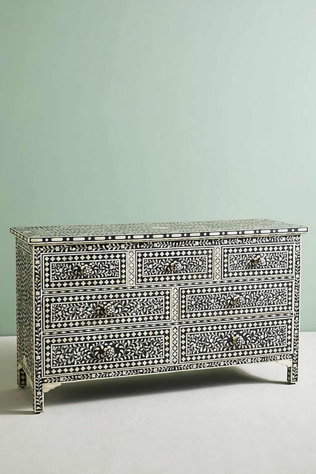 Bone Inlay Chest of 7 Drawers Floral Design in Black Color