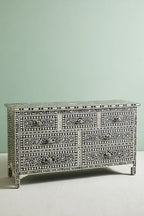 Bone Inlay Chest of 7 Drawers Floral Design in Black Color