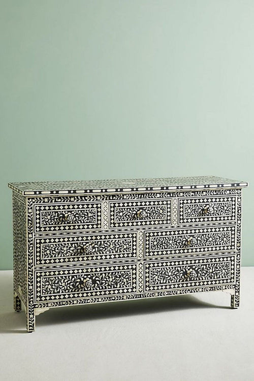 Bone Inlay Chest of 7 Drawers Floral Design in Black Color