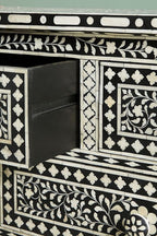 Bone Inlay Chest of 7 Drawers Floral Design in Black Color