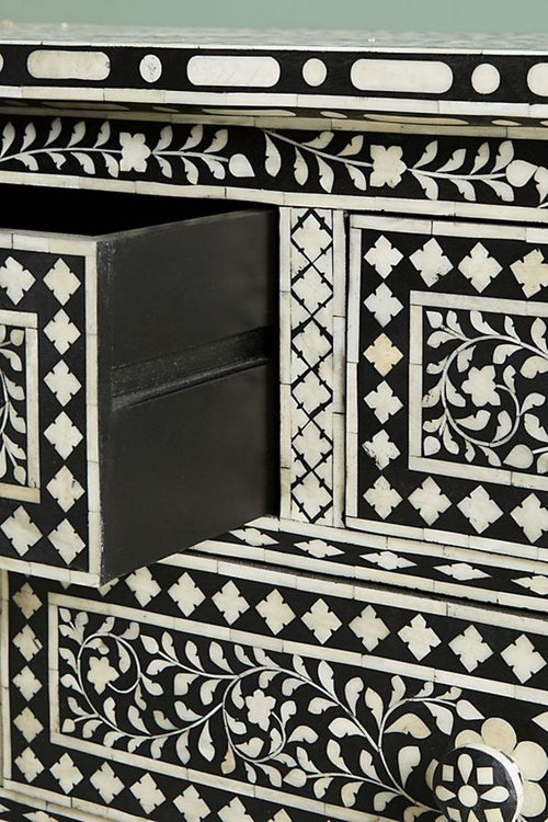 Bone Inlay Chest of 7 Drawers Floral Design in Black Color