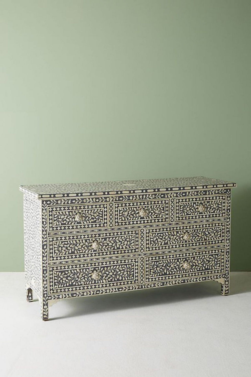 Bone Inlay Chest of 7 Drawers Floral Design in Grey Color