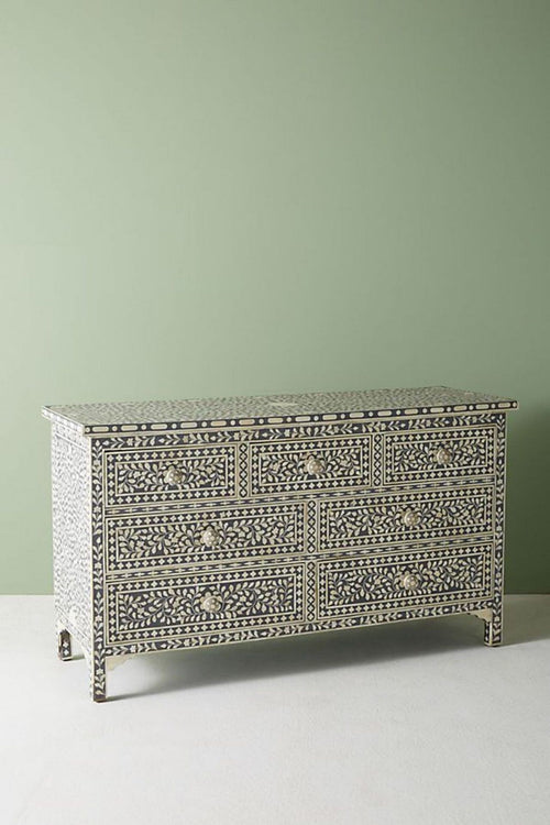 Bone Inlay Chest of 7 Drawers Floral Design in Grey Color