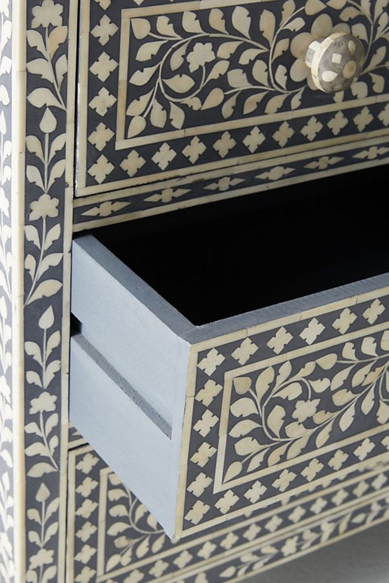 Bone Inlay Chest of 7 Drawers Floral Design in Grey Color