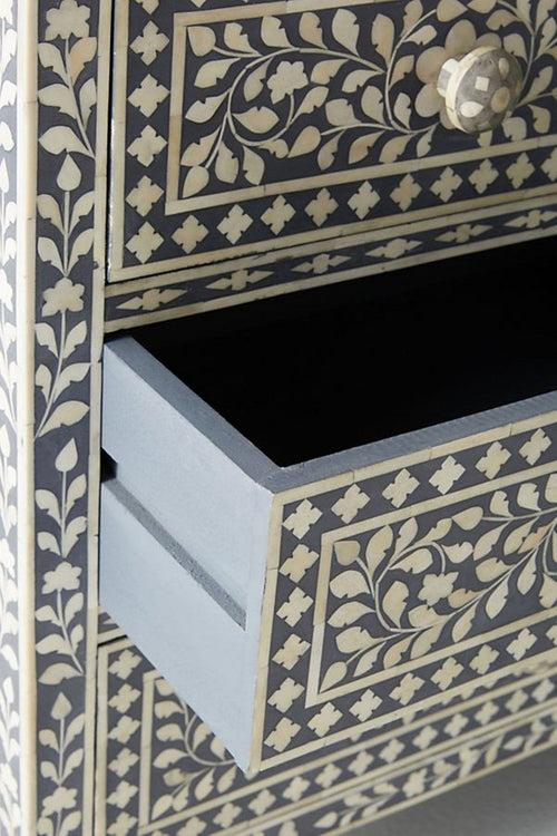 Bone Inlay Chest of 7 Drawers Floral Design in Grey Color