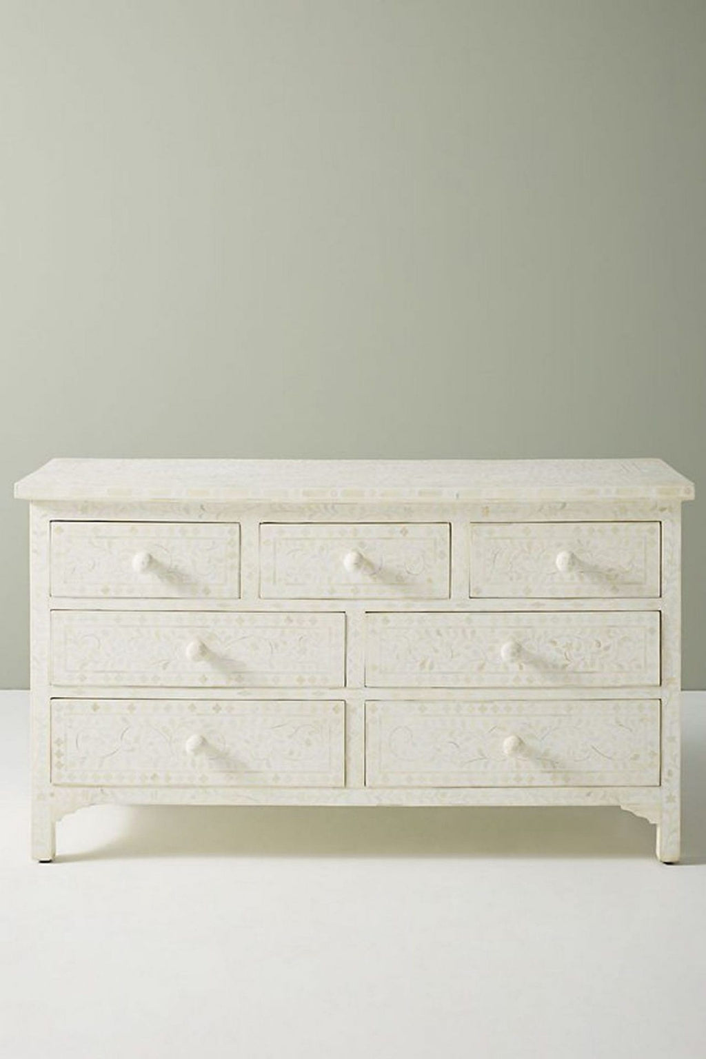 Bone Inlay Chest of 7 Drawers Floral Design in White Color