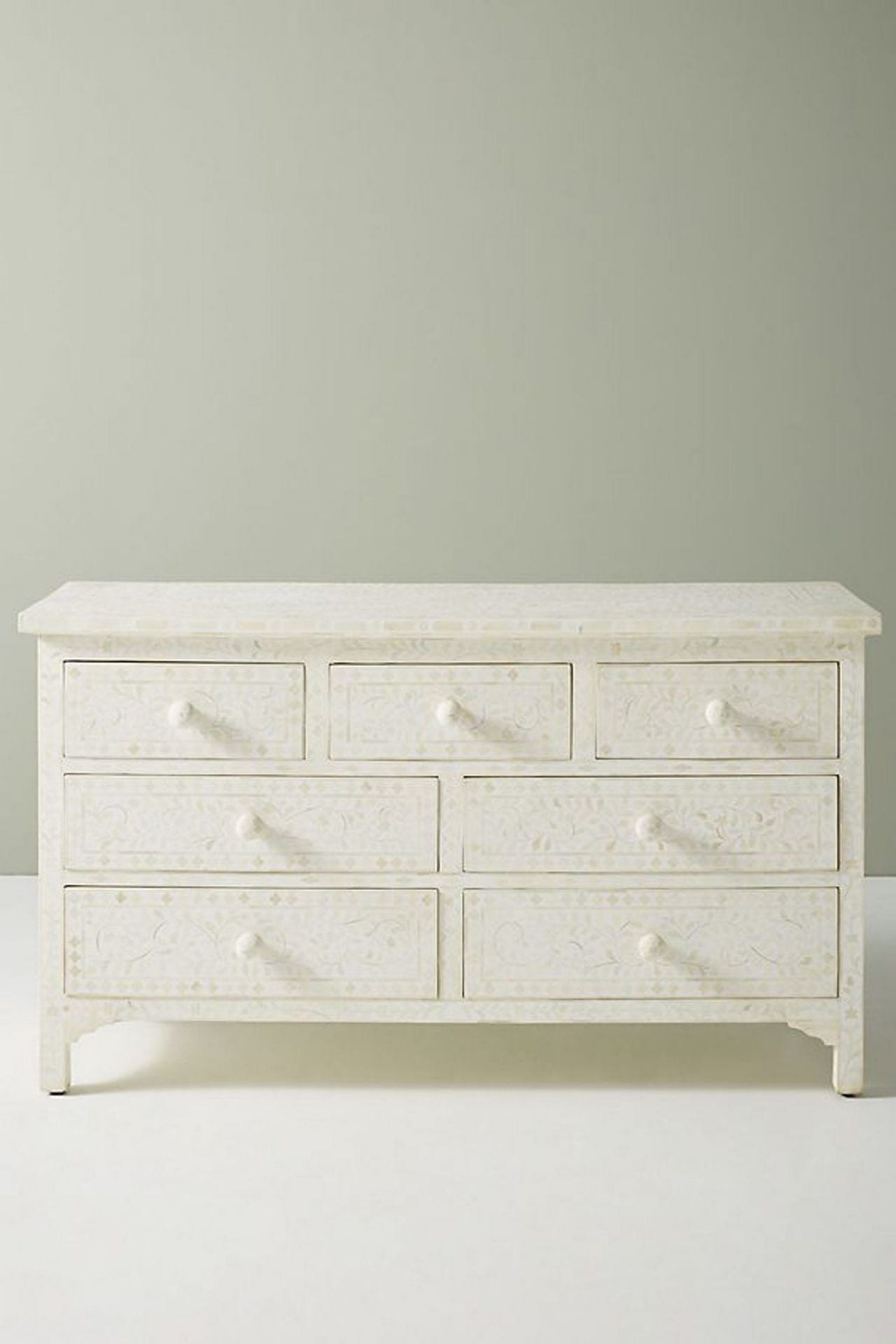 Bone Inlay Chest of 7 Drawers Floral Design in White Color