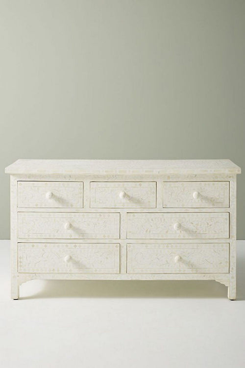 Bone Inlay Chest of 7 Drawers Floral Design in White Color