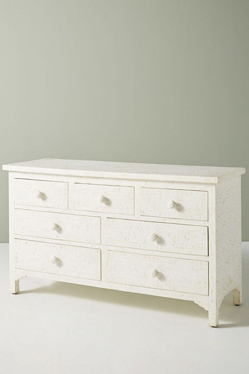 Bone Inlay Chest of 7 Drawers Floral Design in White Color