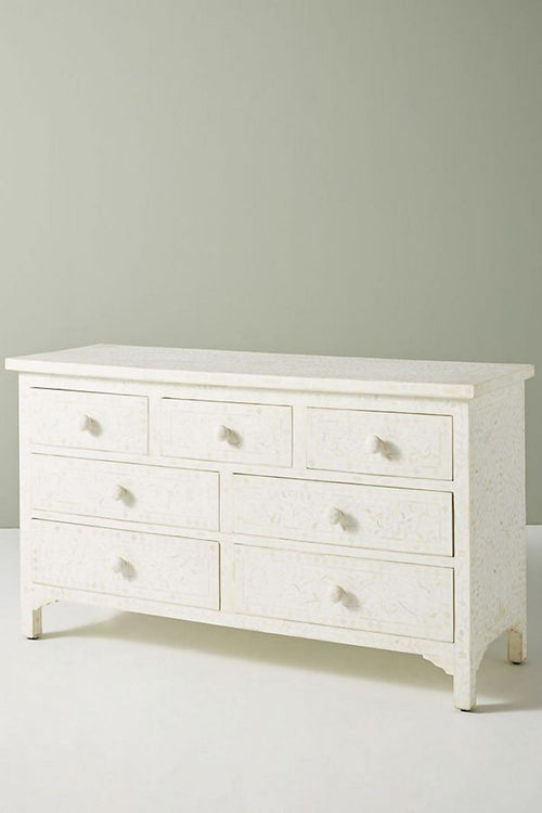 Bone Inlay Chest of 7 Drawers Floral Design in White Color
