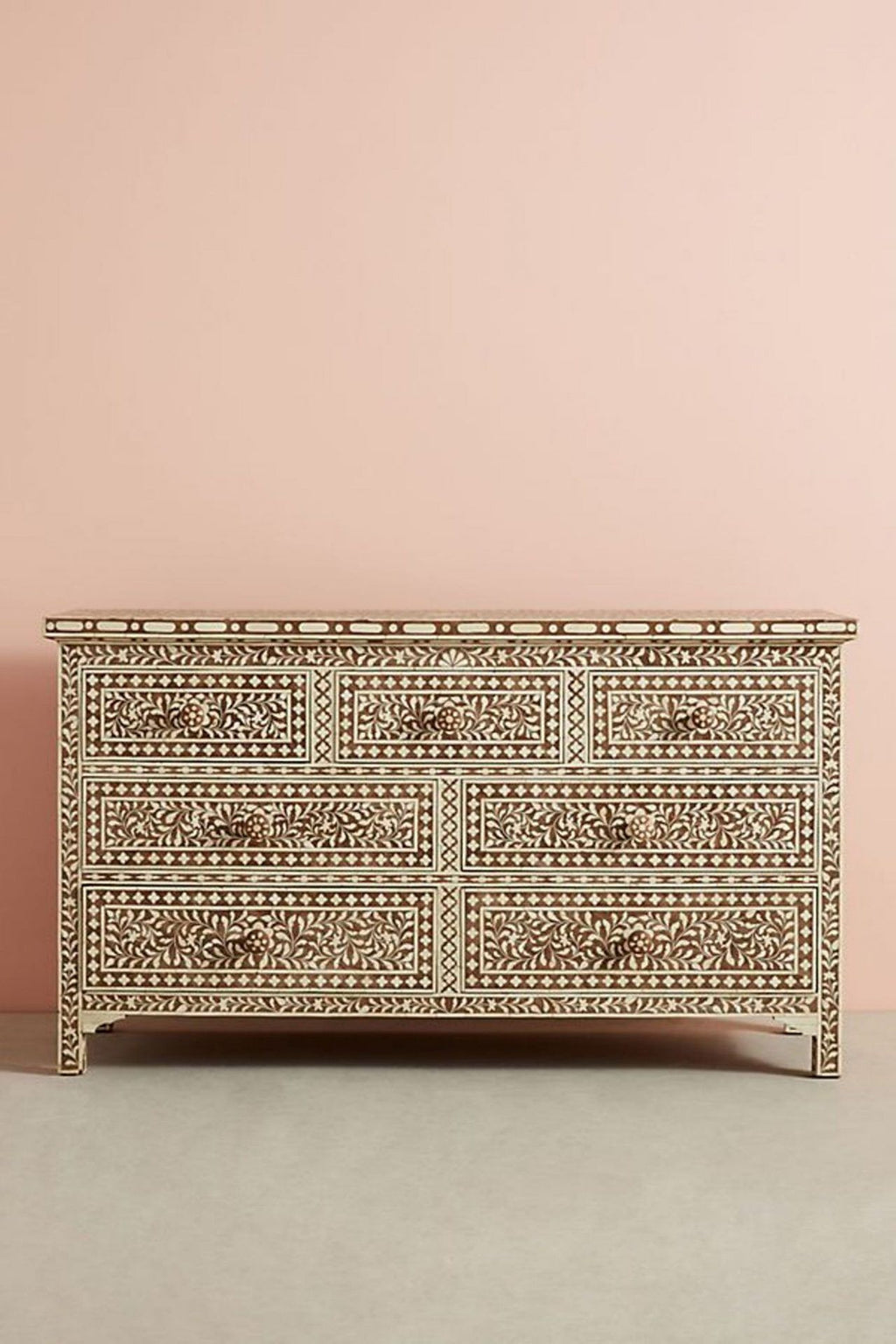 Bone Inlay Chest of 7 Drawers Floral Design in Brown Color