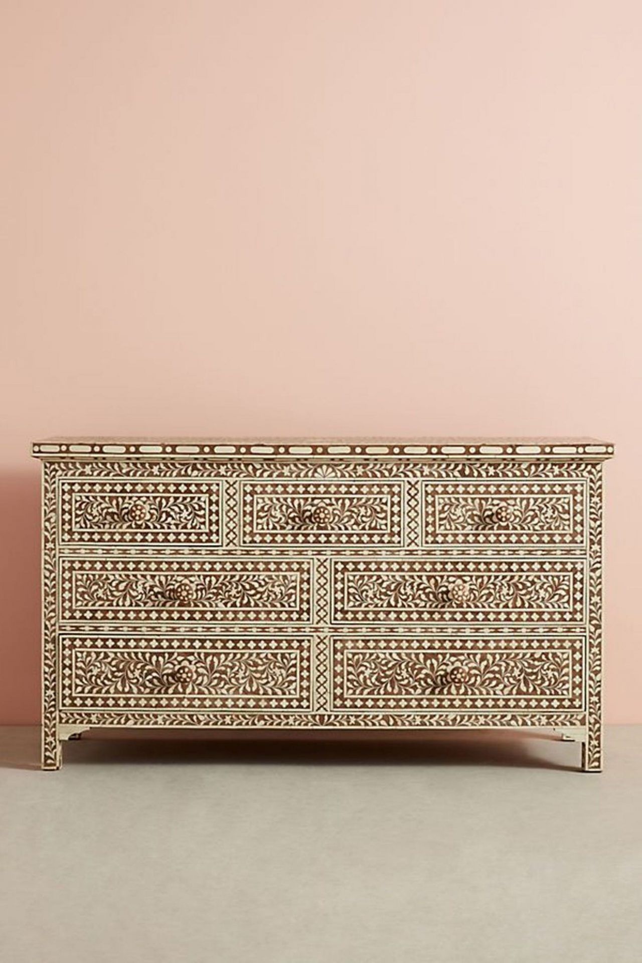 Bone Inlay Chest of 7 Drawers Floral Design in Brown Color