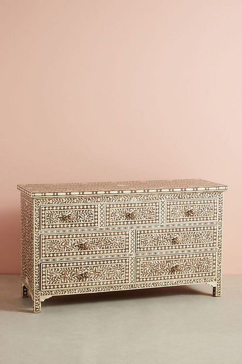 Bone Inlay Chest of 7 Drawers Floral Design in Brown Color