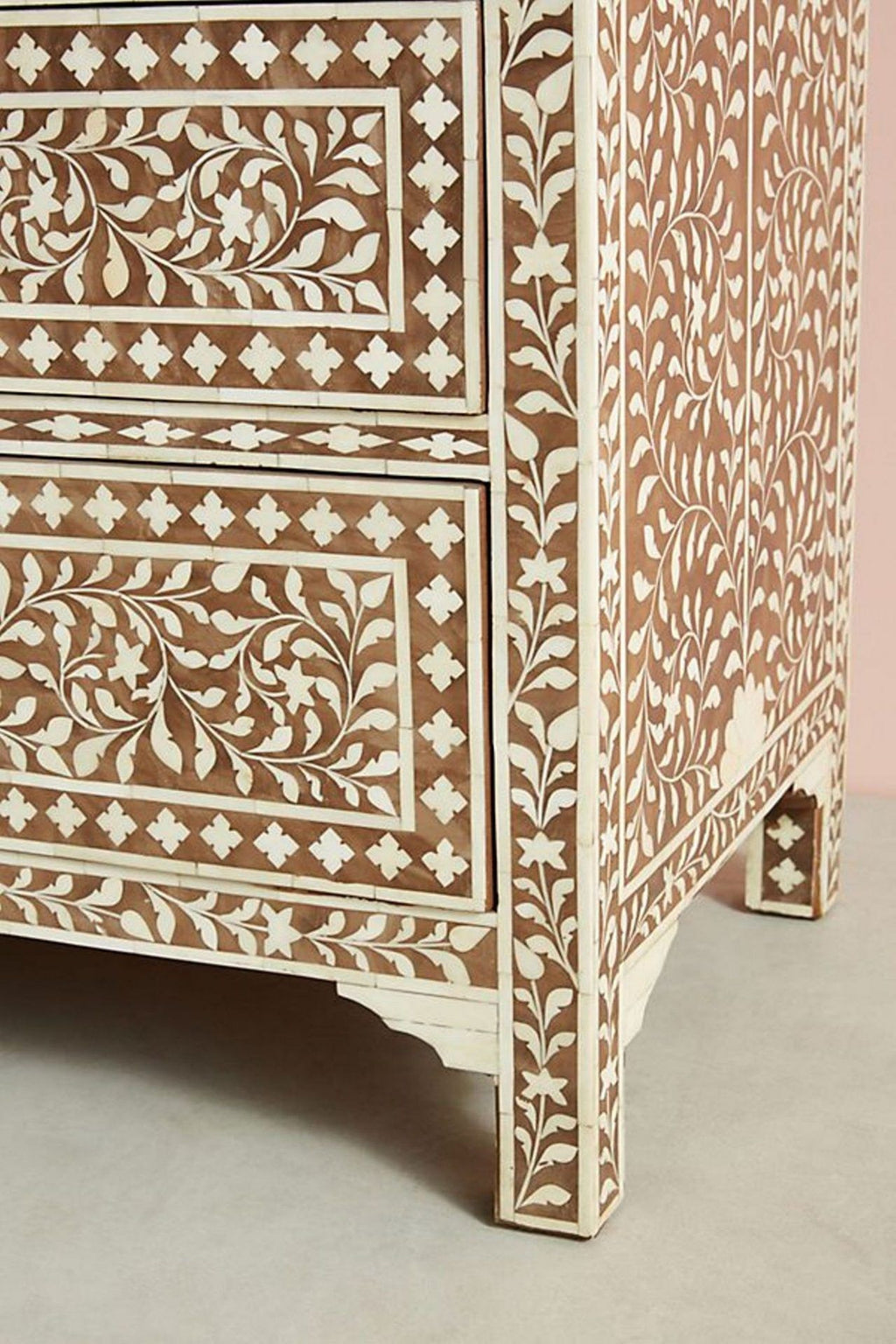 Bone Inlay Chest of 7 Drawers Floral Design in Brown Color