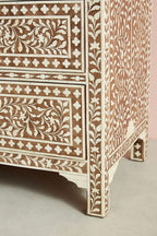 Bone Inlay Chest of 7 Drawers Floral Design in Brown Color