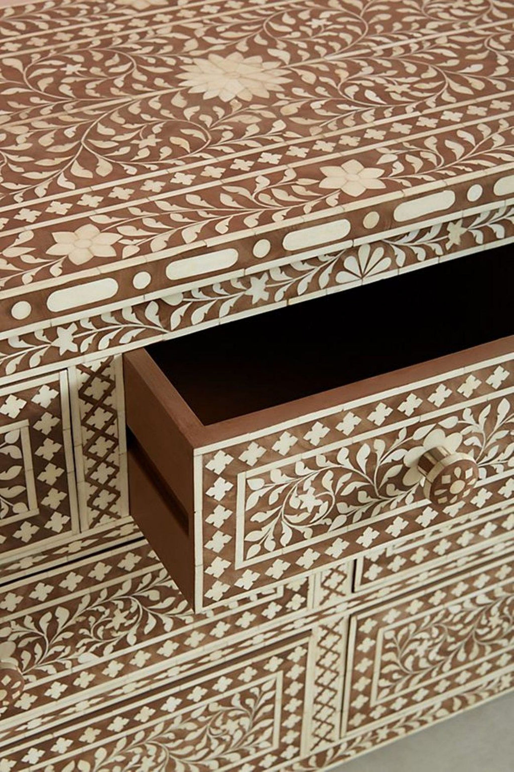 Bone Inlay Chest of 7 Drawers Floral Design in Brown Color