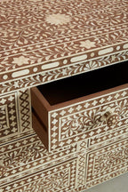 Bone Inlay Chest of 7 Drawers Floral Design in Brown Color