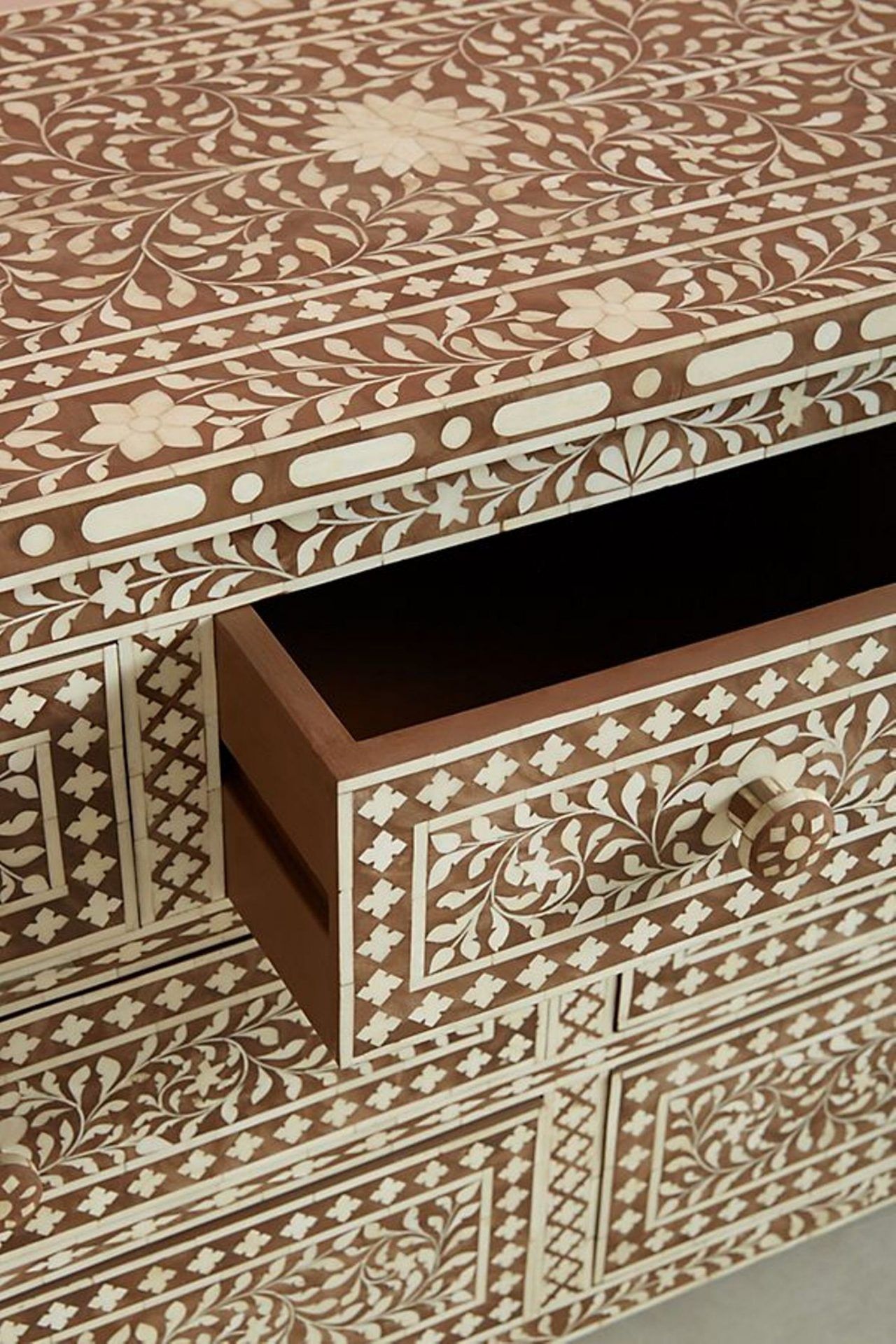 Bone Inlay Chest of 7 Drawers Floral Design in Brown Color