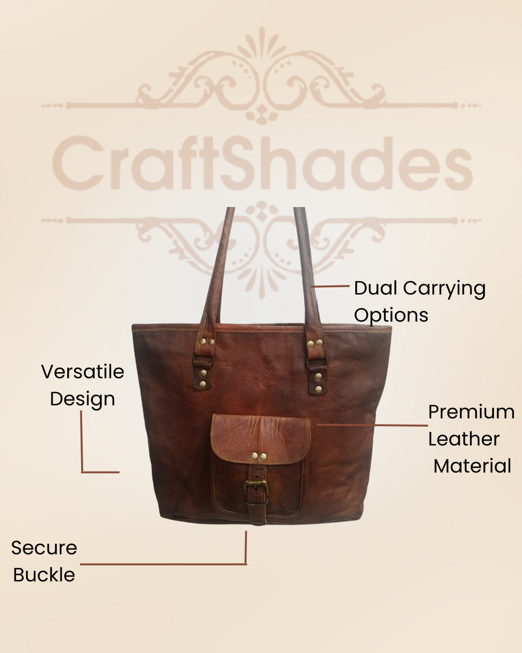 Craftshades – 16 inch Handcrafted Leather Women’s with pocket Tote Bag | 100% Genuine Leather