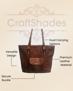 Craftshades – 16 inch Handcrafted Leather Women’s with pocket Tote Bag | 100% Genuine Leather