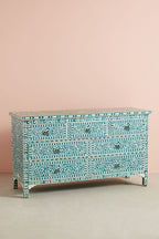 Bone Inlay Chest of 7 Drawers Floral Design in Teal Green Color