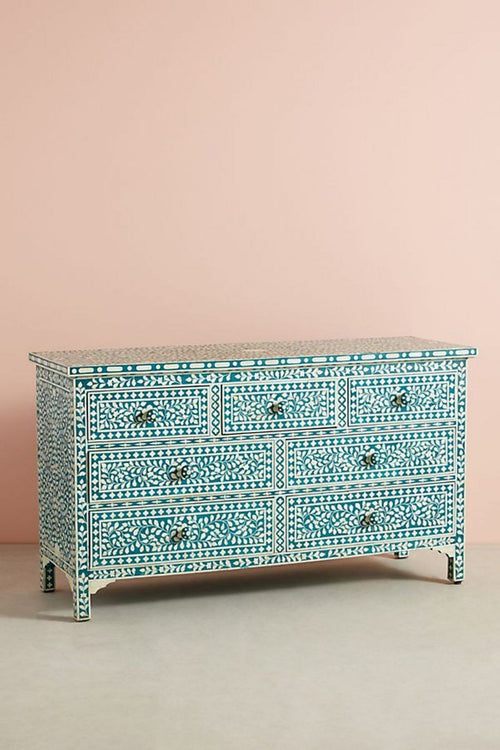 Bone Inlay Chest of 7 Drawers Floral Design in Teal Green Color