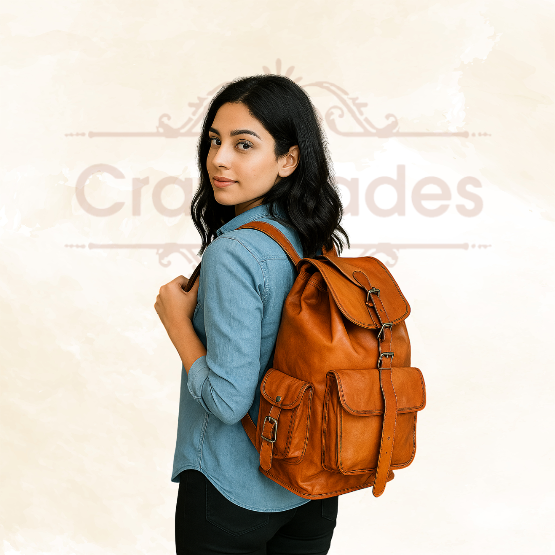 CraftShades - 13*18 Inch Goat Leather Backpack bag For Girls And Boys | 100% Genuine Leather