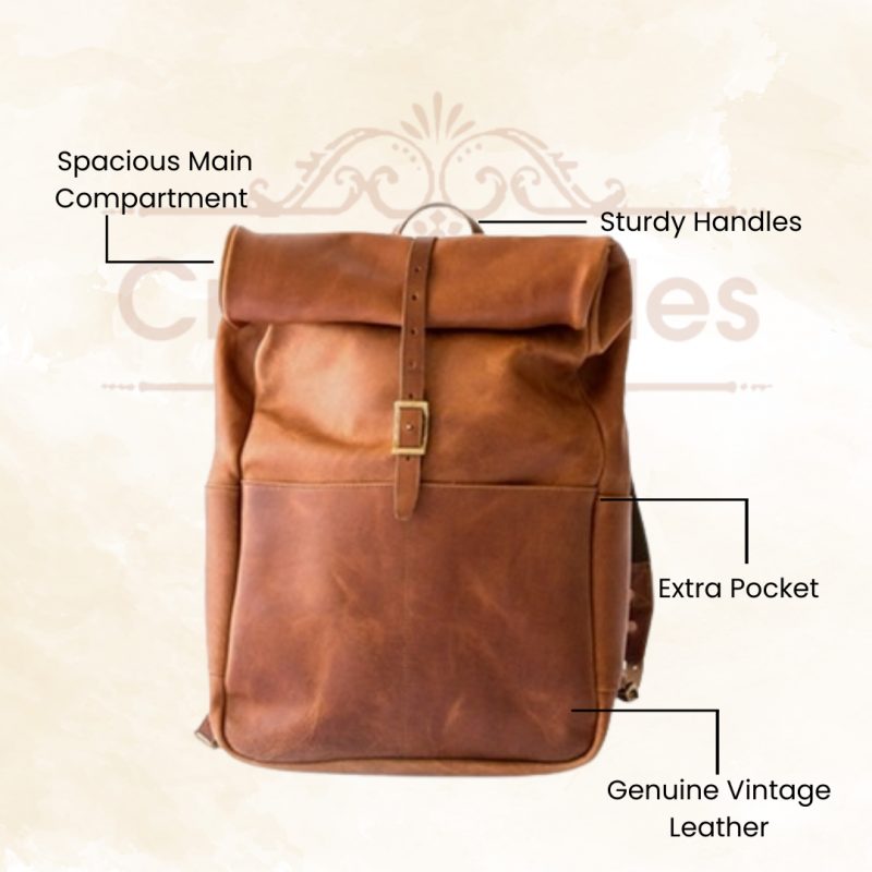 Craftshades - Unisex Roll-Top Leather Laptop Backpack