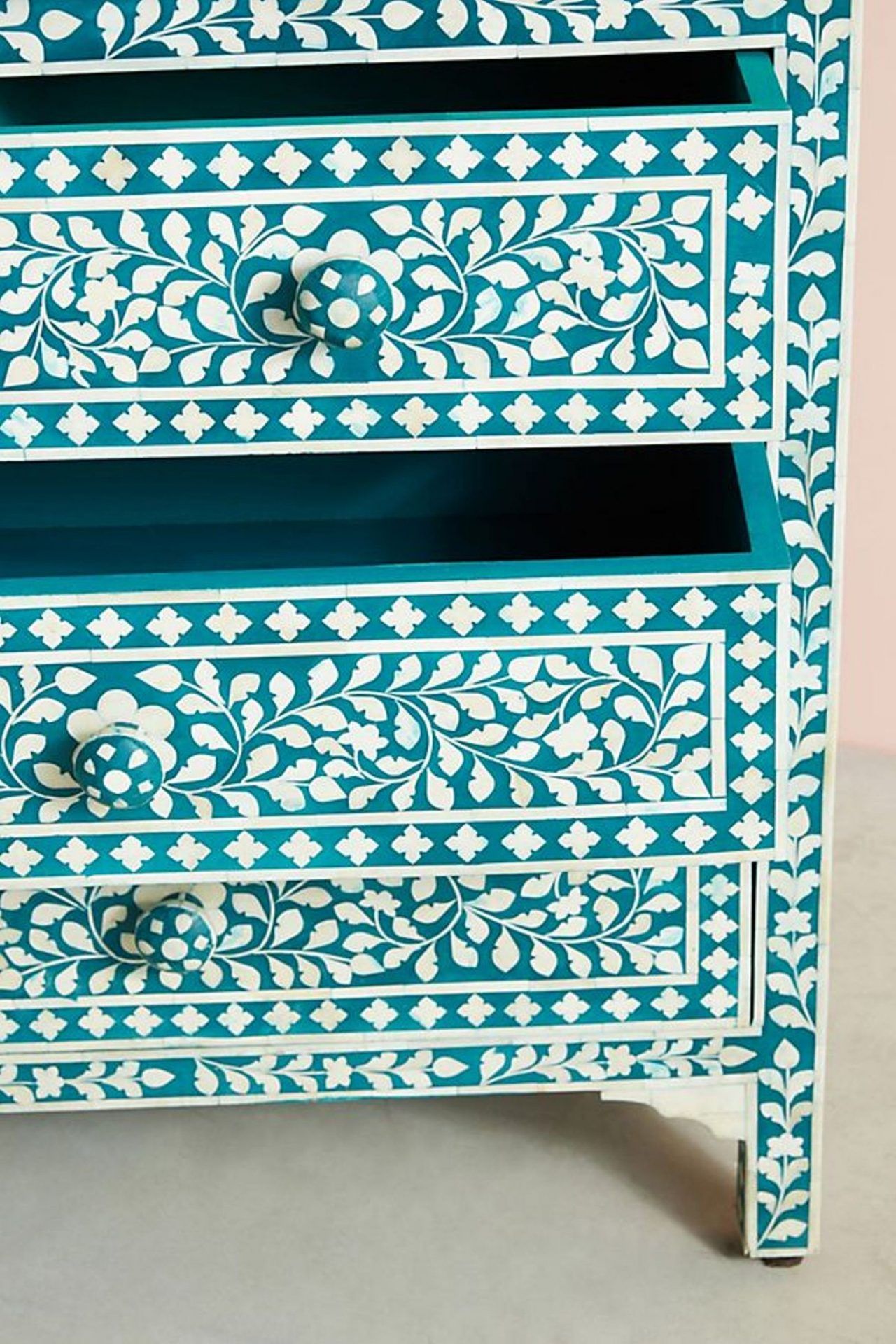 Bone Inlay Chest of 7 Drawers Floral Design in Teal Green Color
