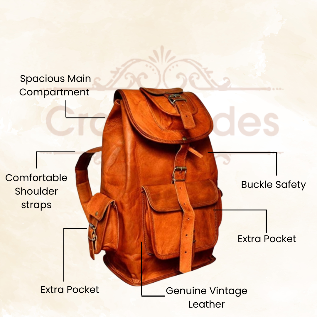 CraftShades - 13*18 Inch Goat Leather Backpack bag For Girls And Boys | 100% Genuine Leather