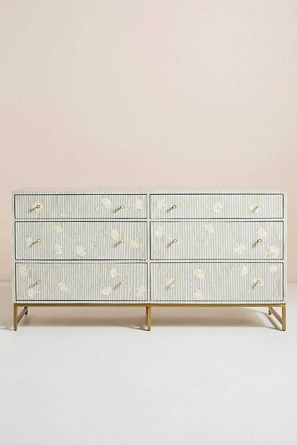 Bone Inlay Chest of 6 Drawers Flower Design Table in Grey Color