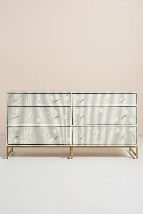 Bone Inlay Chest of 6 Drawers Flower Design Table in Grey Color