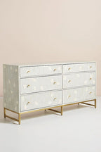 Bone Inlay Chest of 6 Drawers Flower Design Table in Grey Color
