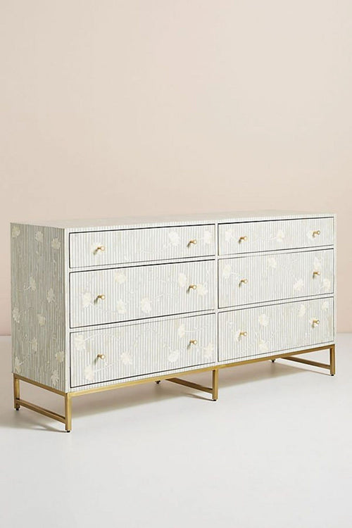 Bone Inlay Chest of 6 Drawers Flower Design Table in Grey Color