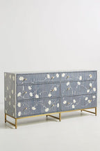 Bone Inlay Chest of 6 Drawers Flower Design Table in Indigo Blue Color