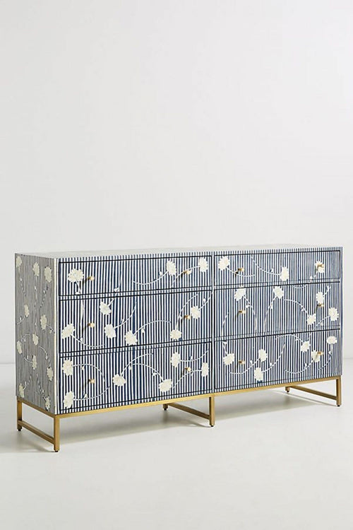 Bone Inlay Chest of 6 Drawers Flower Design Table in Indigo Blue Color