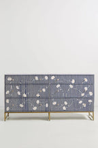 Bone Inlay Chest of 6 Drawers Flower Design Table in Indigo Blue Color