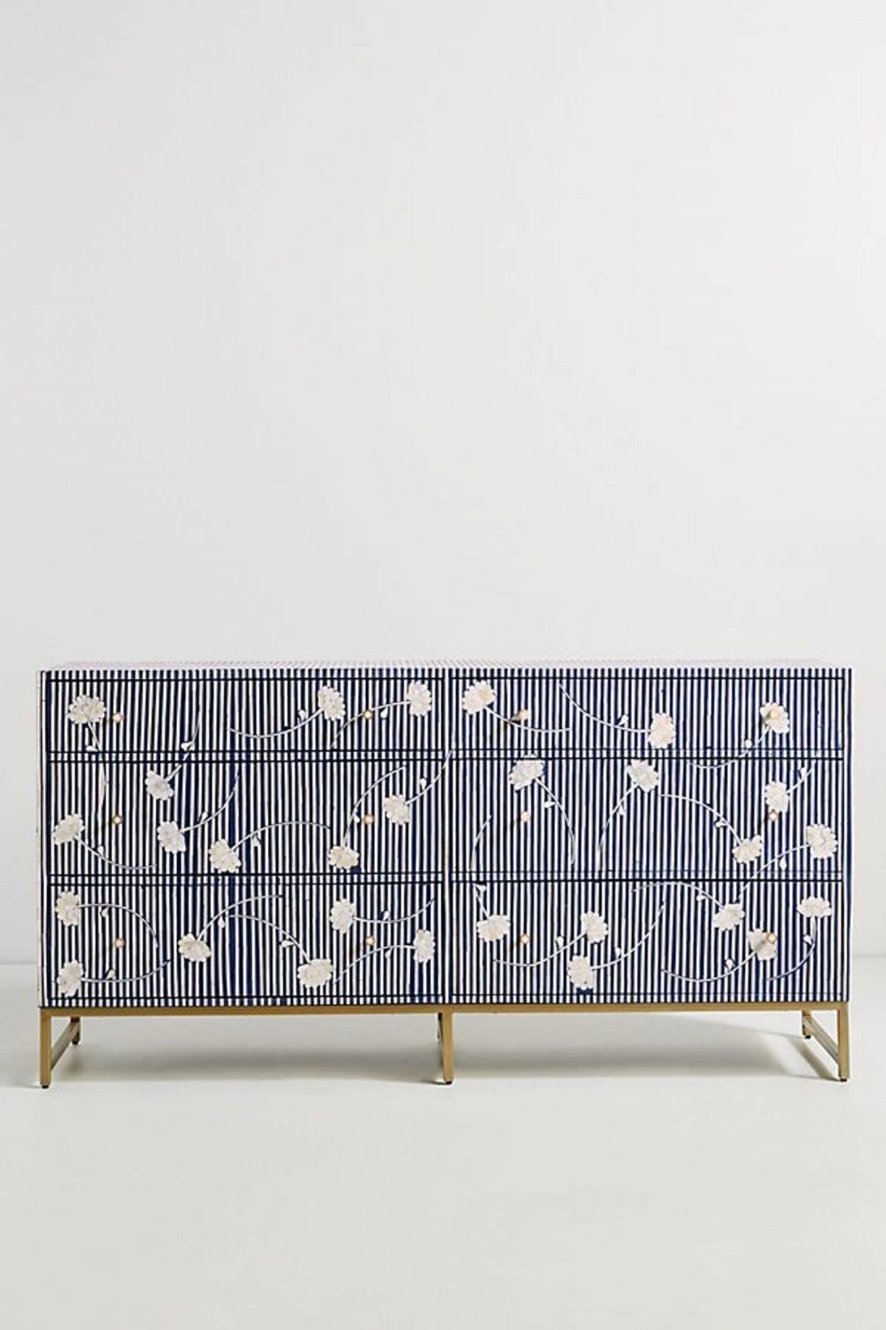Bone Inlay Chest of 6 Drawers Flower Design Table in Indigo Blue Color