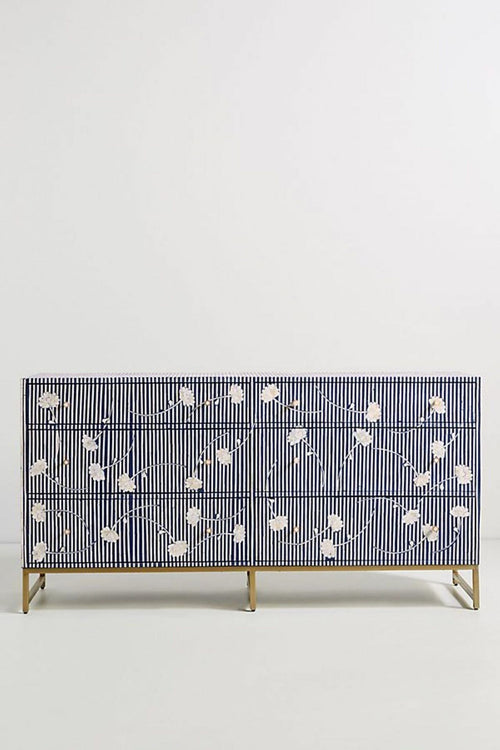 Bone Inlay Chest of 6 Drawers Flower Design Table in Indigo Blue Color