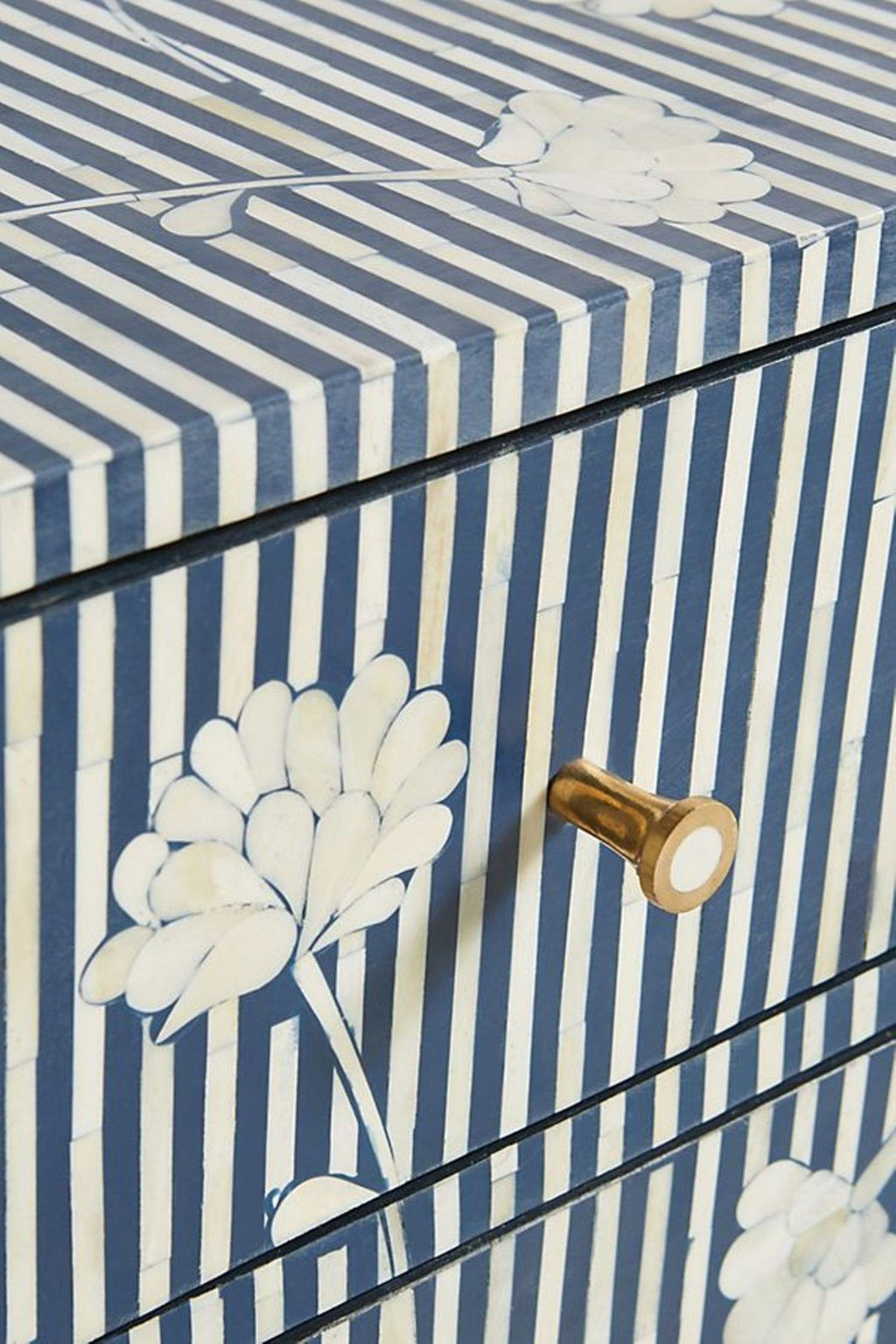 Bone Inlay Chest of 6 Drawers Flower Design Table in Indigo Blue Color