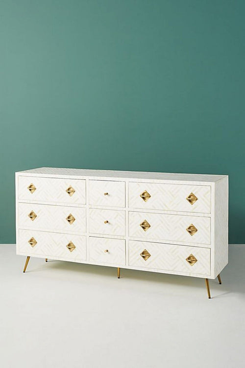 Bone Inlay Optical Inlay Chest of 9 Drawers in White