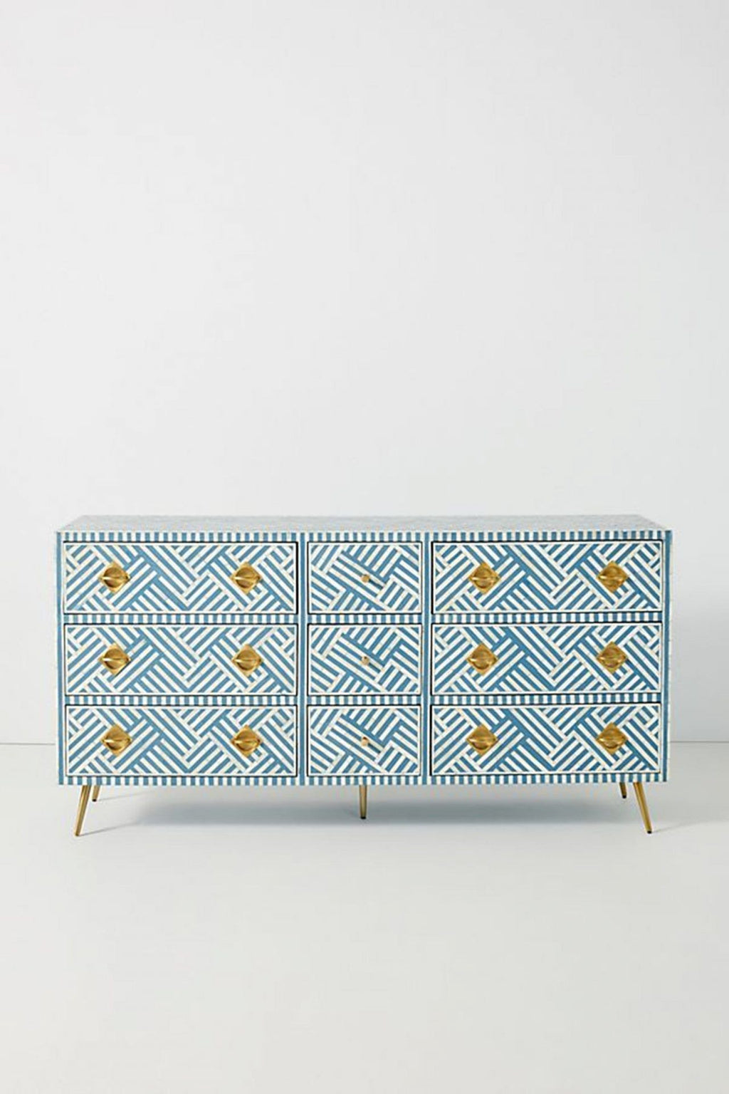Bone Inlay Optical Inlay Chest of 9 Drawers in Sky Blue