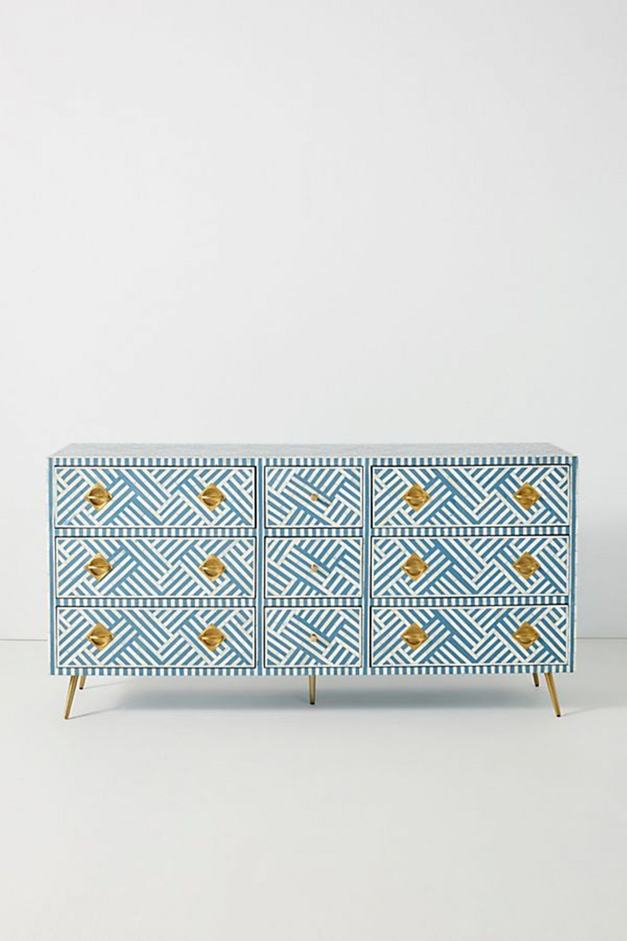 Bone Inlay Optical Inlay Chest of 9 Drawers in Sky Blue