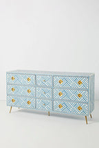 Bone Inlay Optical Inlay Chest of 9 Drawers in Sky Blue